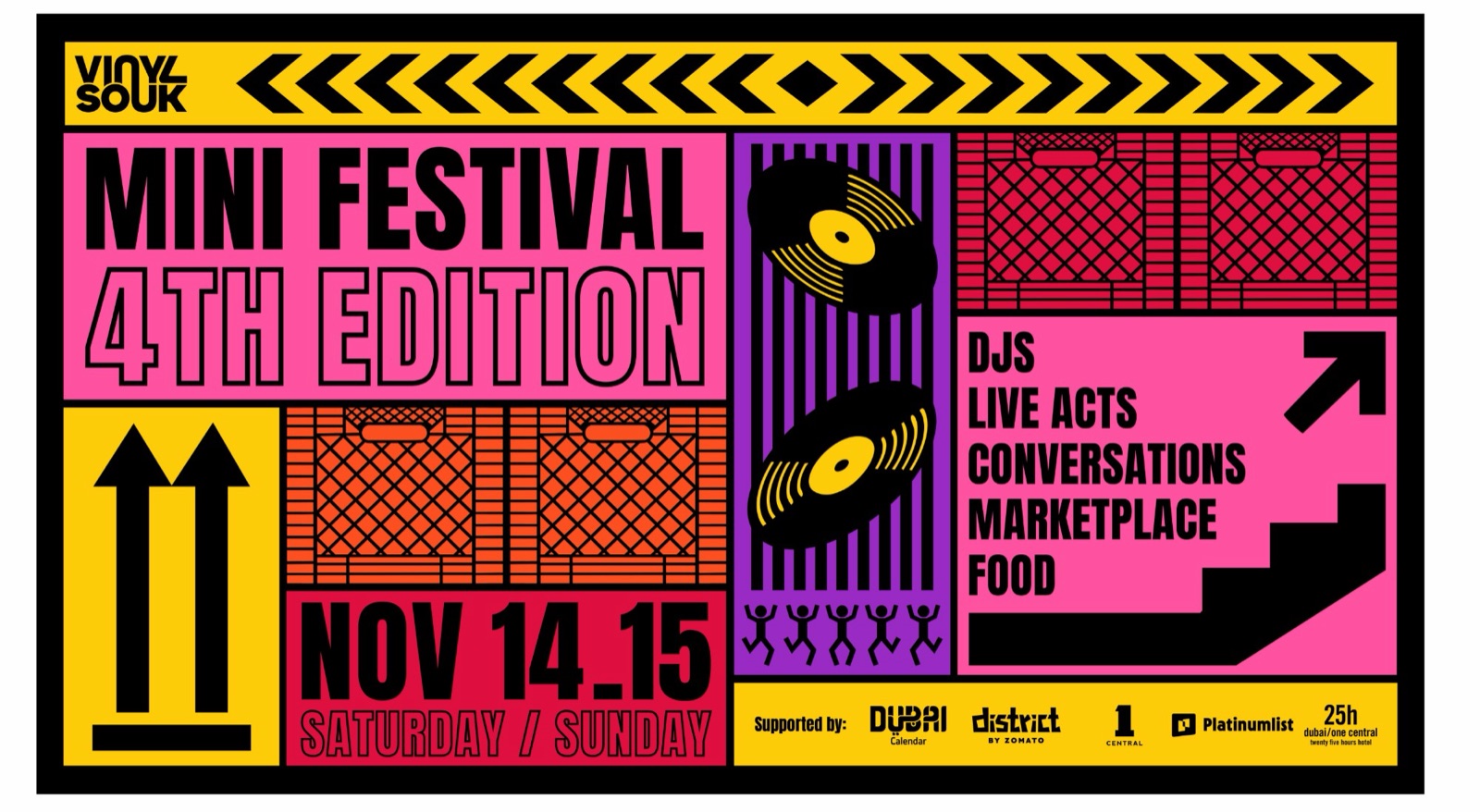 Key visual: Mini Festival, 4th edition, Nov 14 and 15, Saturday and Sunday. DJs, live acts, conversations, marketplace and food. Supported by Dubai Calendar, District by Zomato, One Central, Platinumlist and 25hours Hotel Dubai One Central.